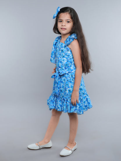 One-Shoulder Blue Floral Ruffle Dress with Matching Hair Bow -Blue