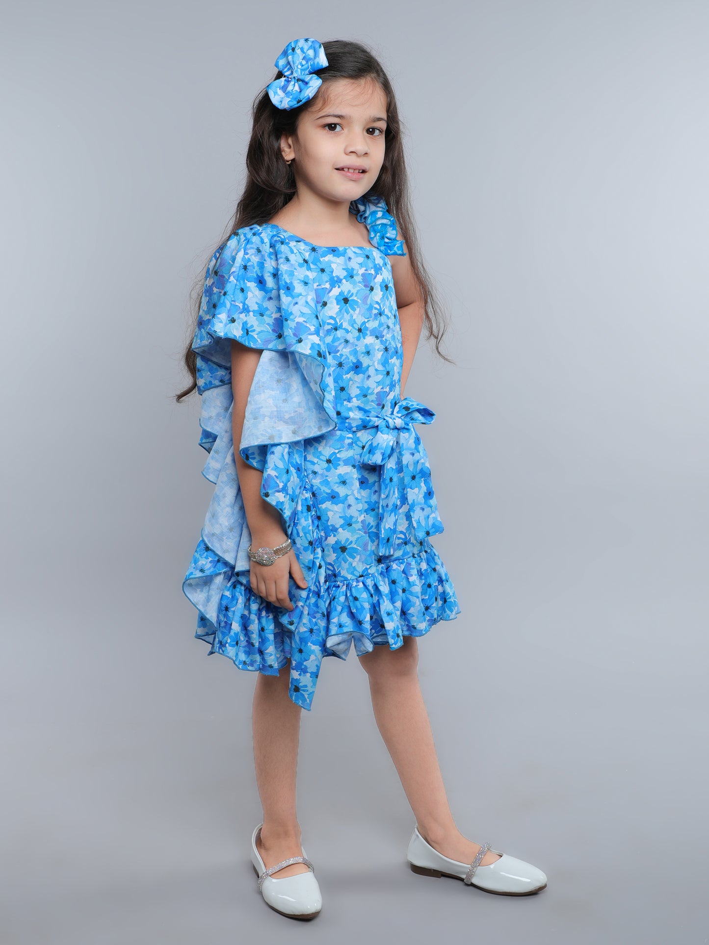 One-Shoulder Blue Floral Ruffle Dress with Matching Hair Bow -Blue