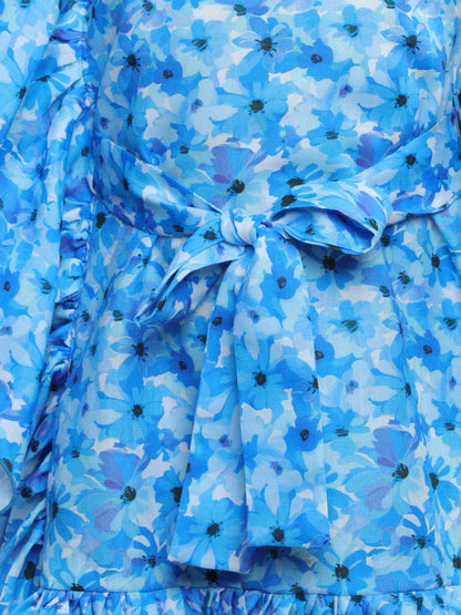 One-Shoulder Blue Floral Ruffle Dress with Matching Hair Bow -Blue