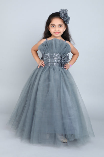 Ruffled Silhouette Party Gown-Grey