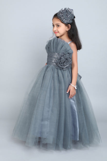 Ruffled Silhouette Party Gown-Grey