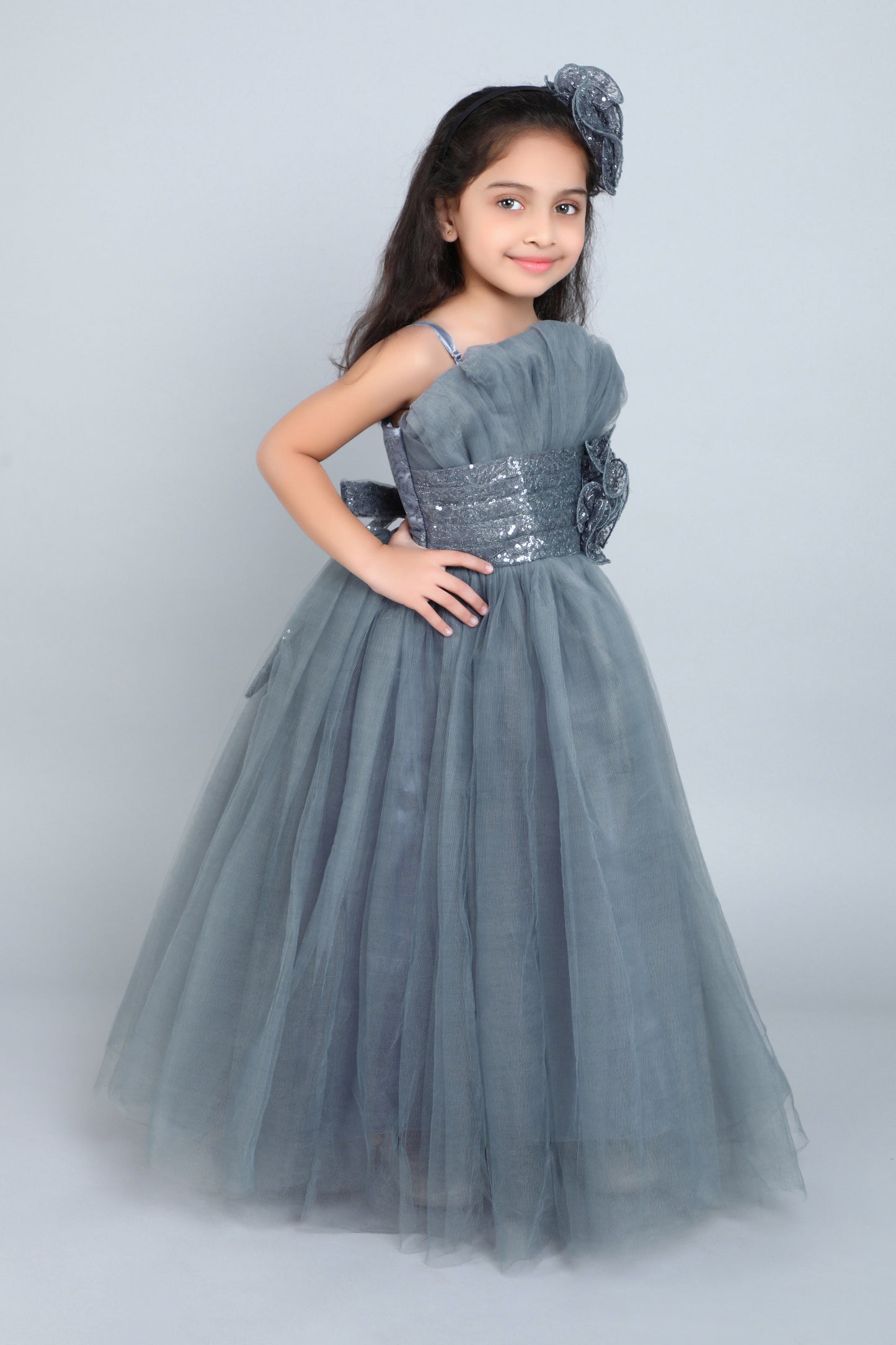 Ruffled Silhouette Party Gown-Grey