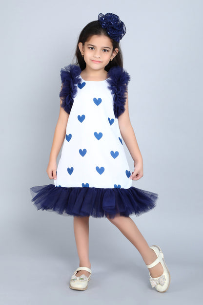 Heart Printed A Line Cotton Dress -Navy Blue