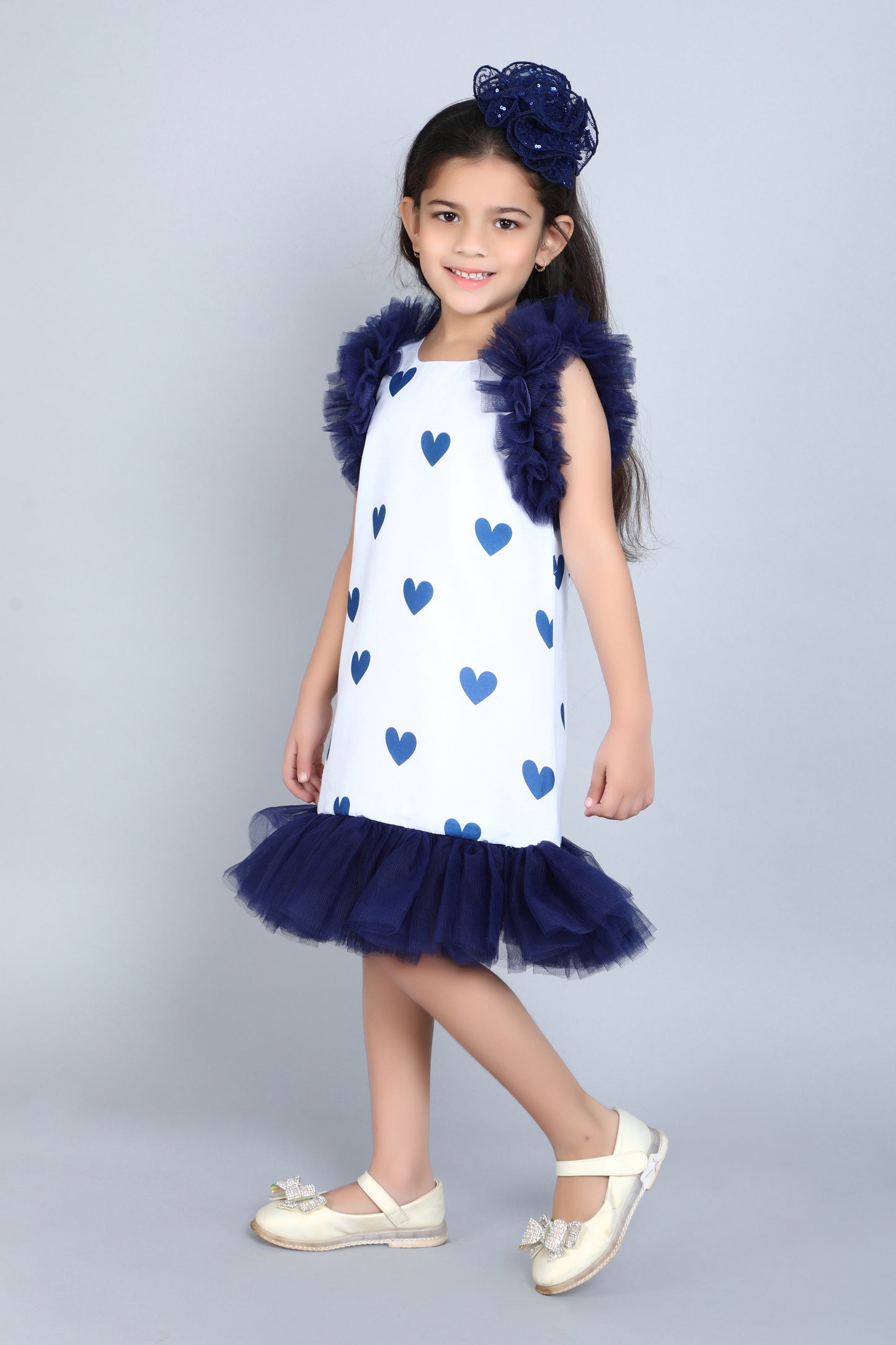 Heart Printed A Line Cotton Dress -Navy Blue