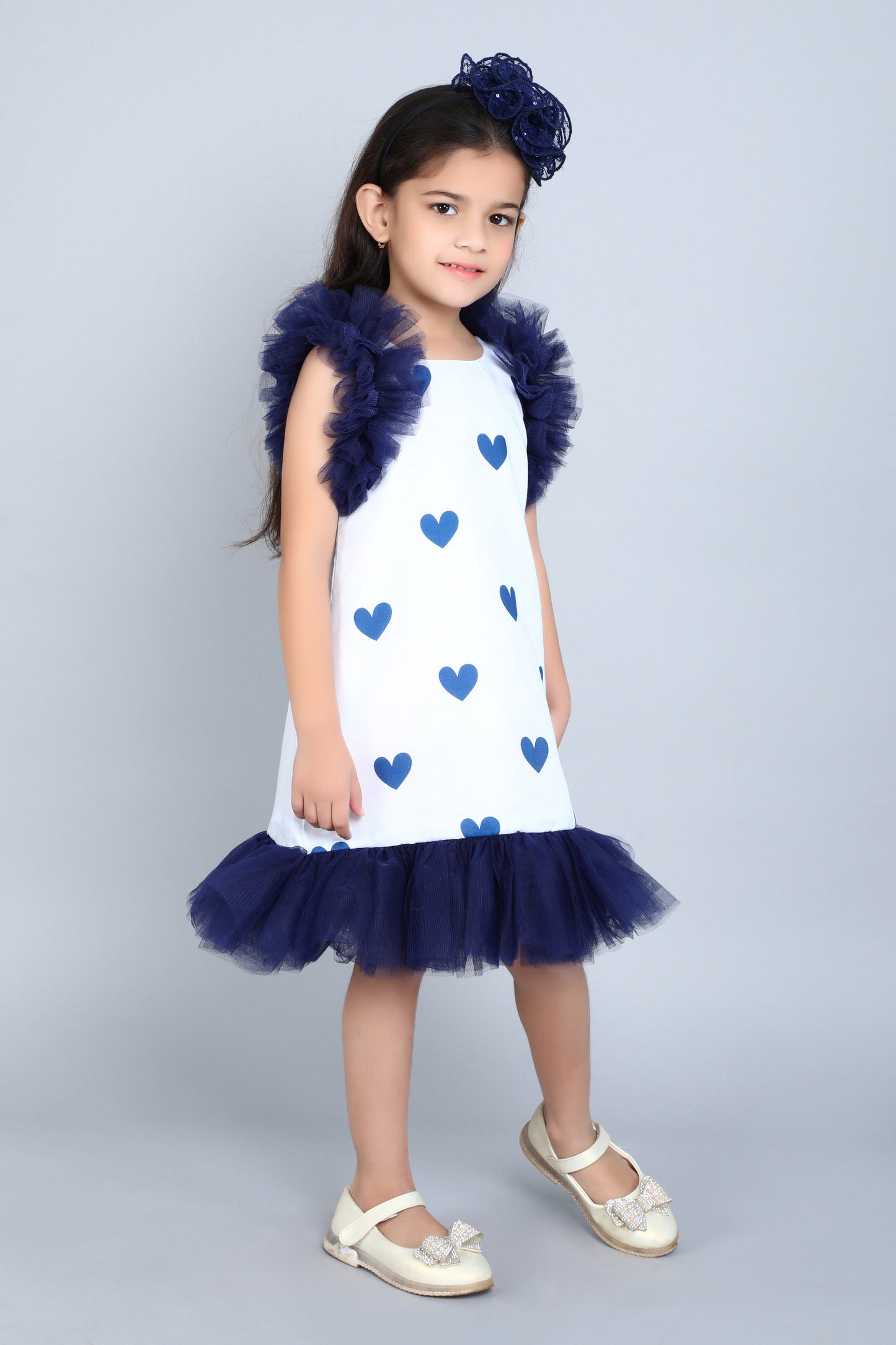 Heart Printed A Line Cotton Dress -Navy Blue