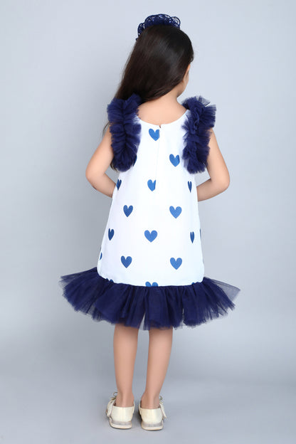 Heart Printed A Line Cotton Dress -Navy Blue