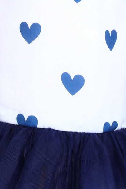 Heart Printed A Line Cotton Dress -Navy Blue