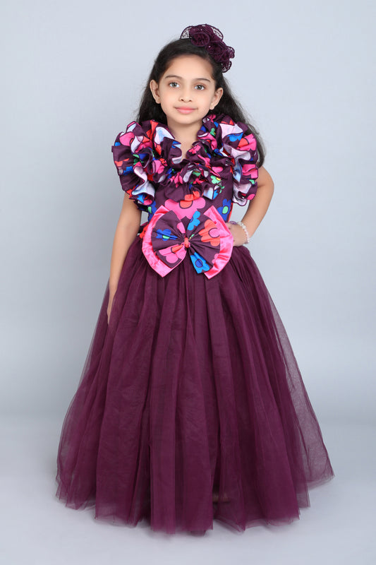 Floral Ruffle and Bow Gown -Burgundy