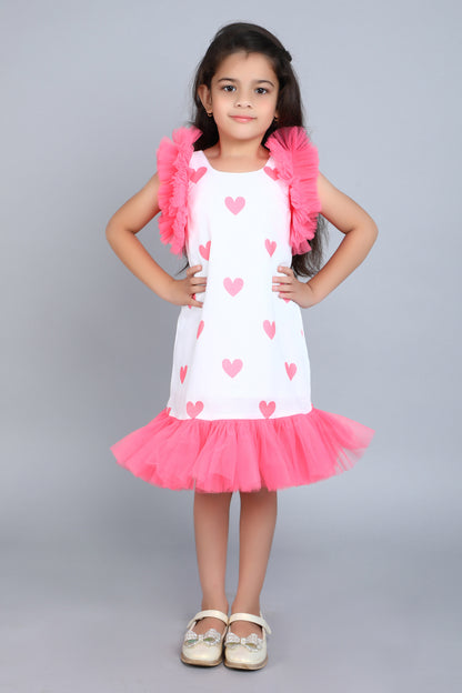 Heart Printed A Line Cotton Dress -Coral