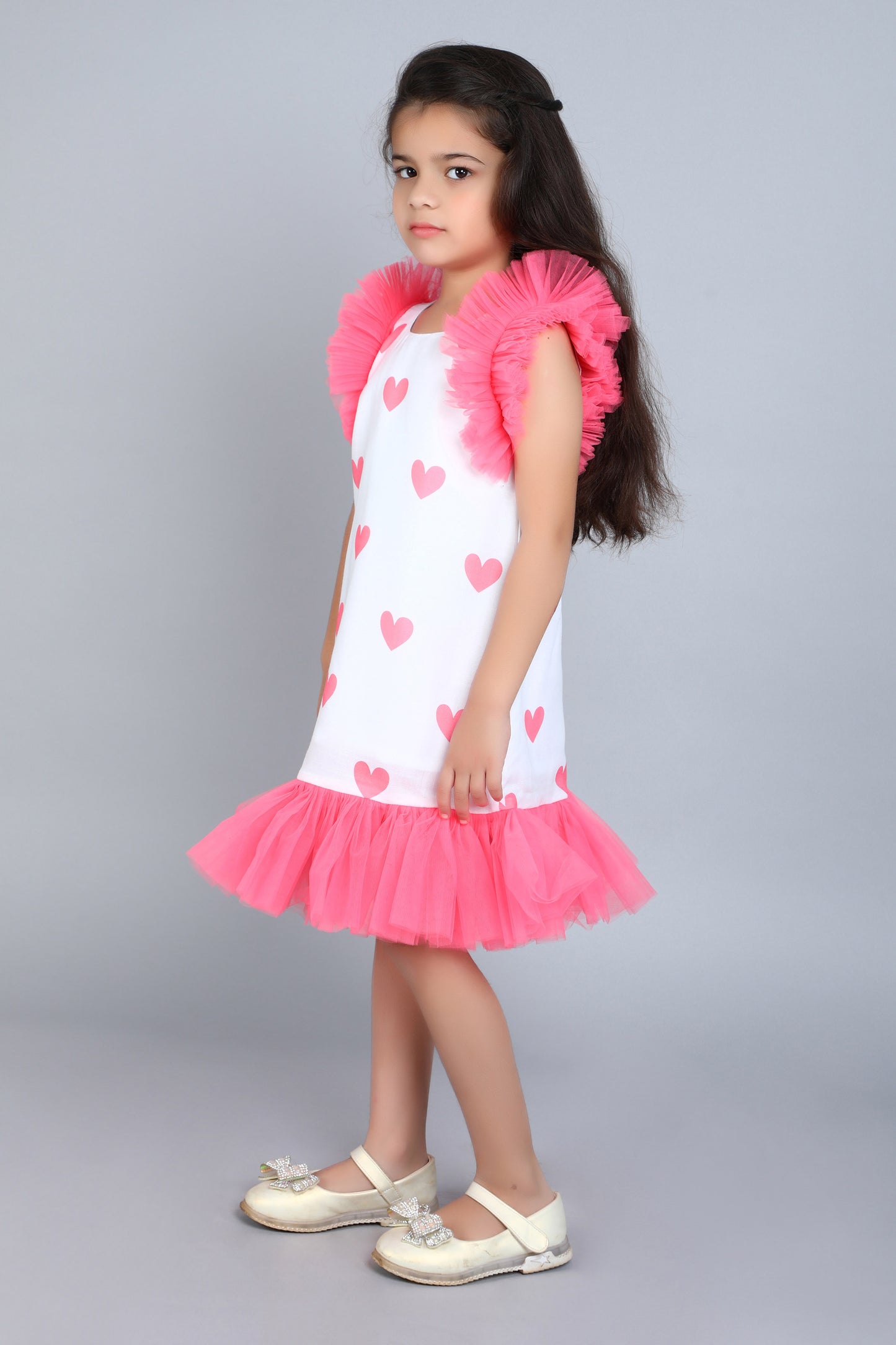 Heart Printed A Line Cotton Dress -Coral