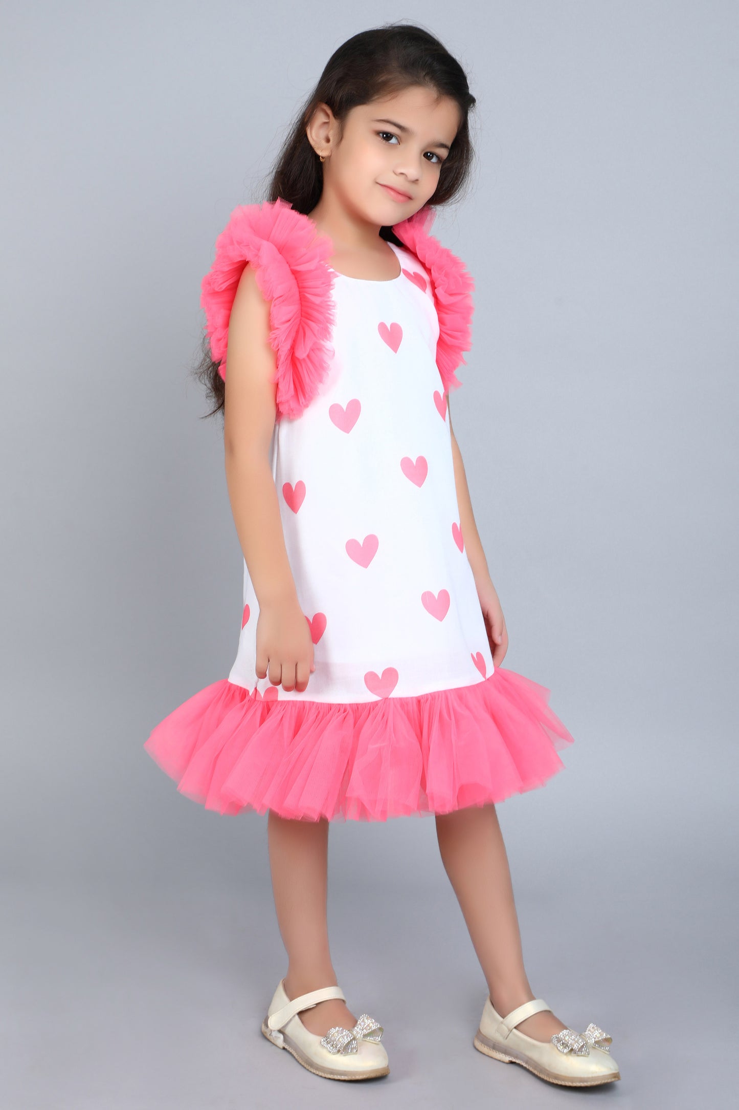 Heart Printed A Line Cotton Dress -Coral