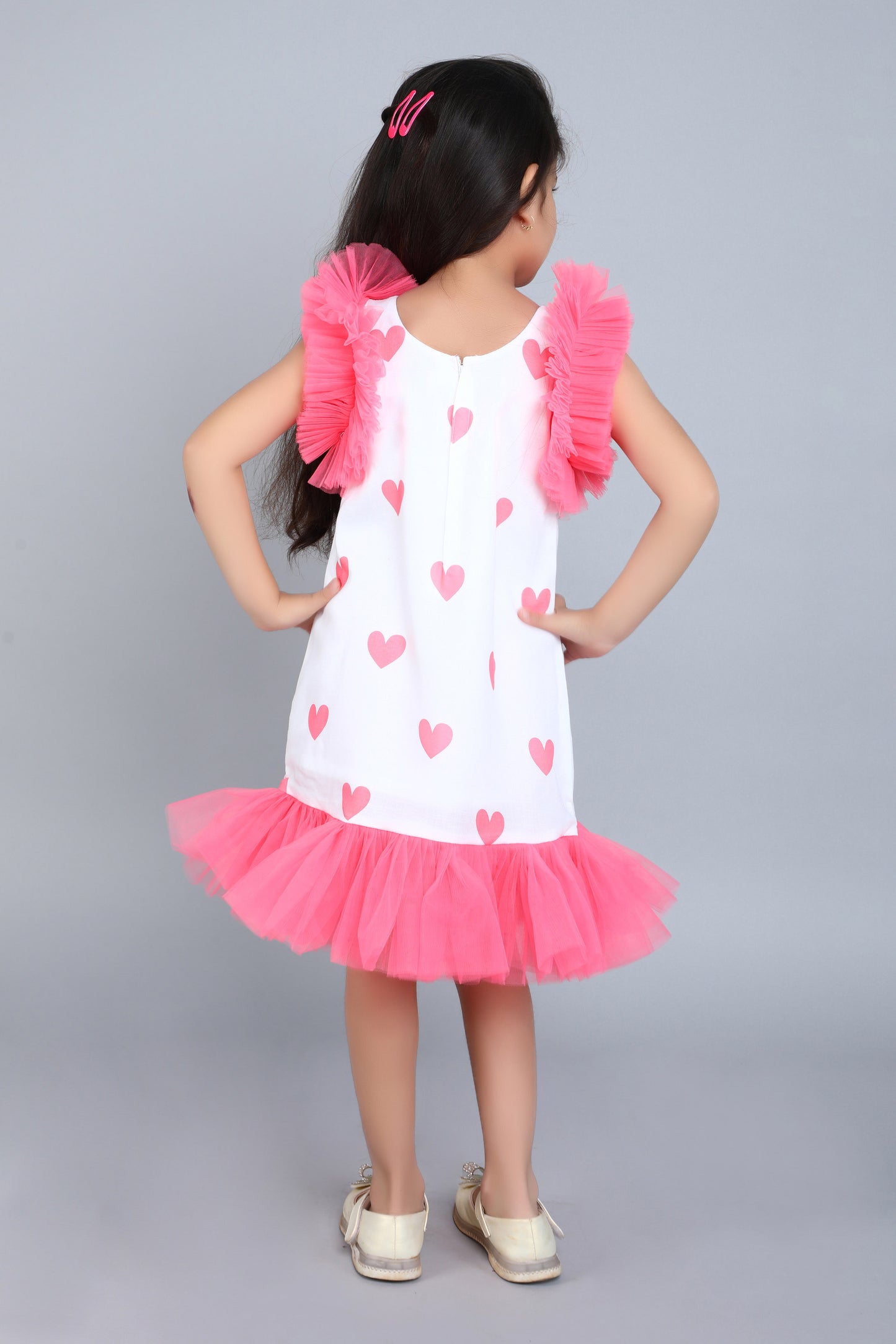 Heart Printed A Line Cotton Dress -Coral