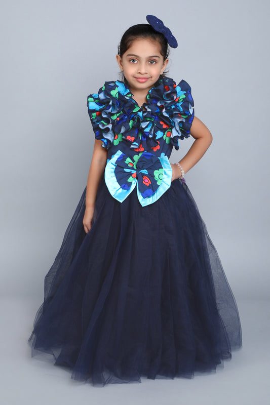 Floral Ruffle and Bow Gown -Navy Blue