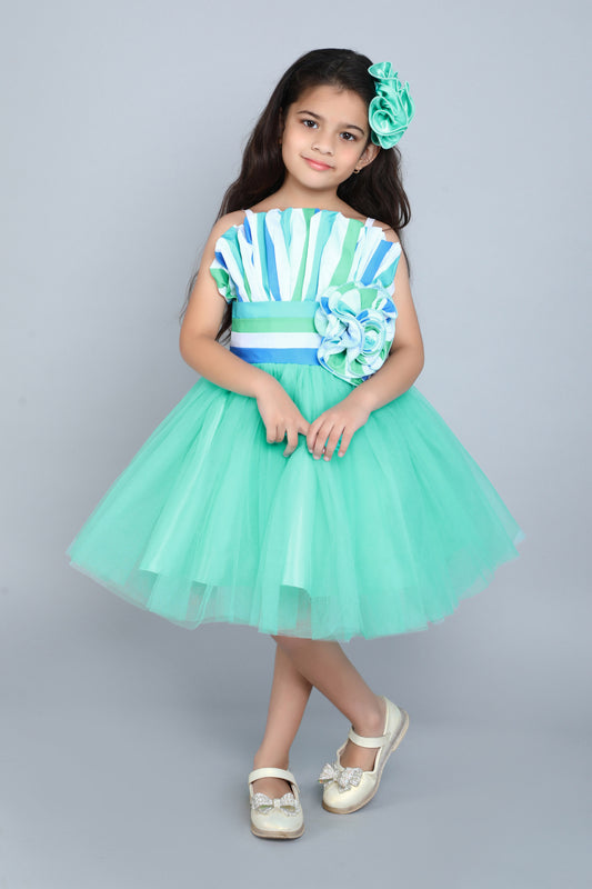 Ruffled Silhouette Stripes Party Dress -Aqua