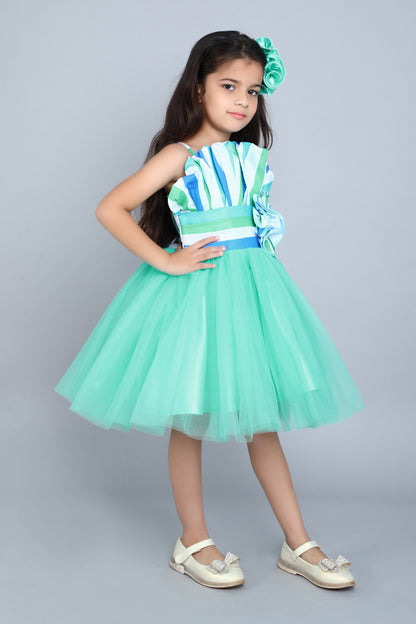 Ruffled Silhouette Stripes Party Dress -Aqua