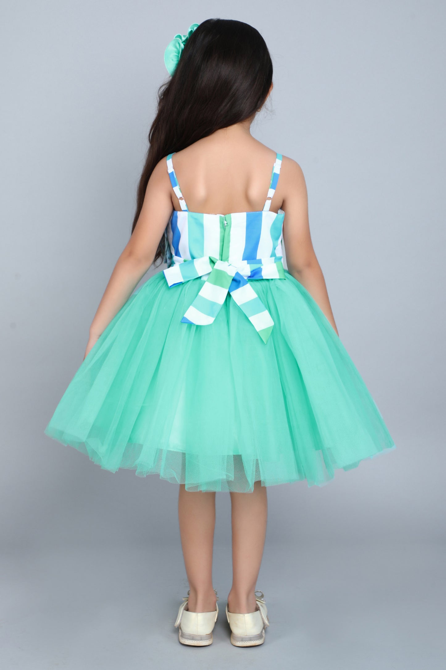 Ruffled Silhouette Stripes Party Dress -Aqua