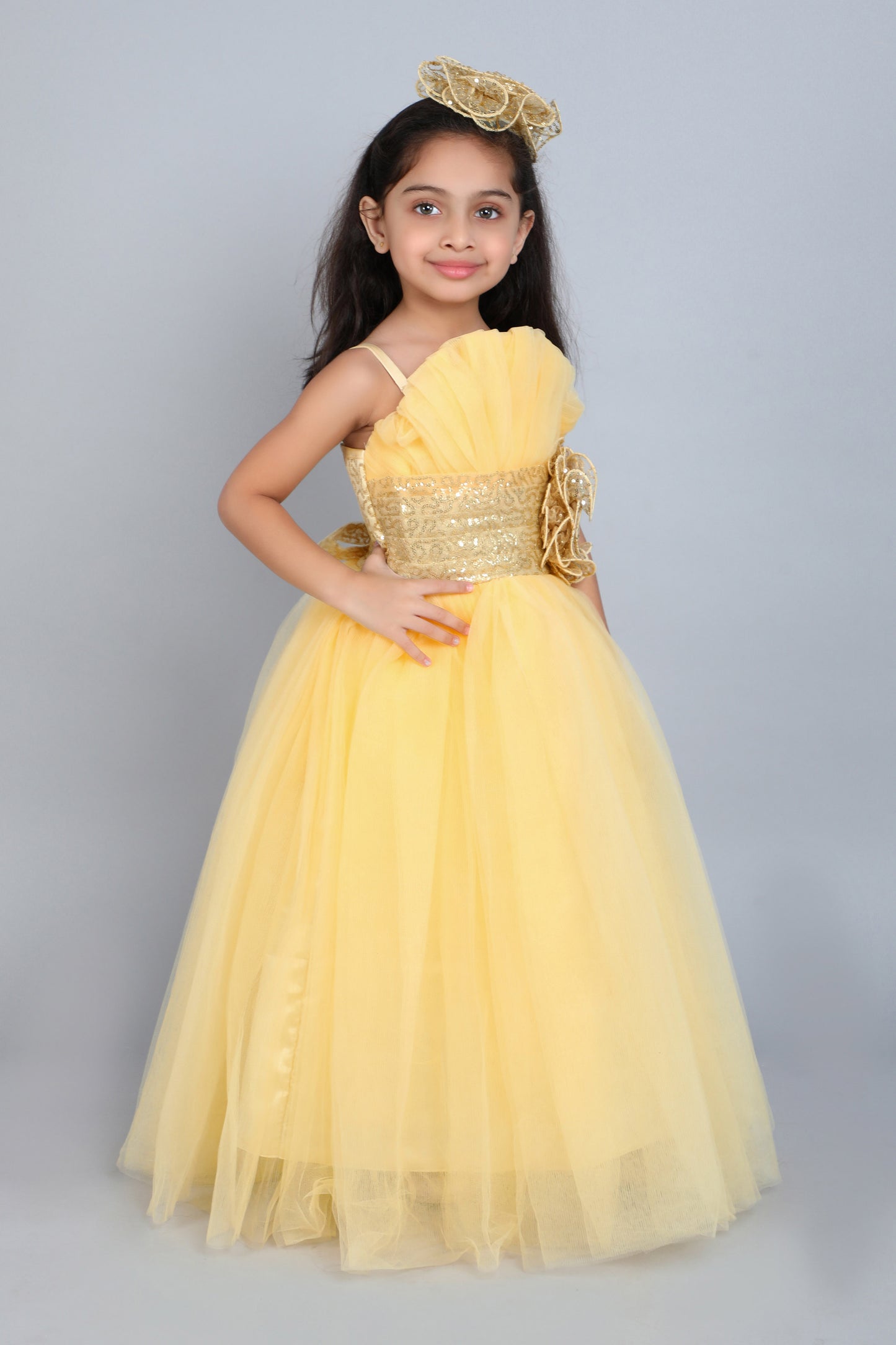 Ruffled Silhouette Party Gown-Gold