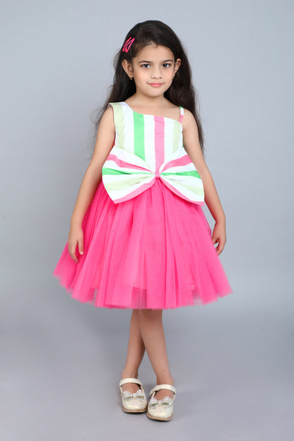 One Shoulder Stripes Bow Dress-Coral