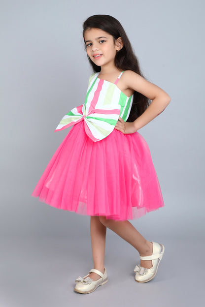 One Shoulder Stripes Bow Dress-Coral