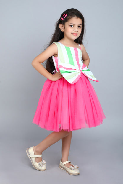 One Shoulder Stripes Bow Dress-Coral