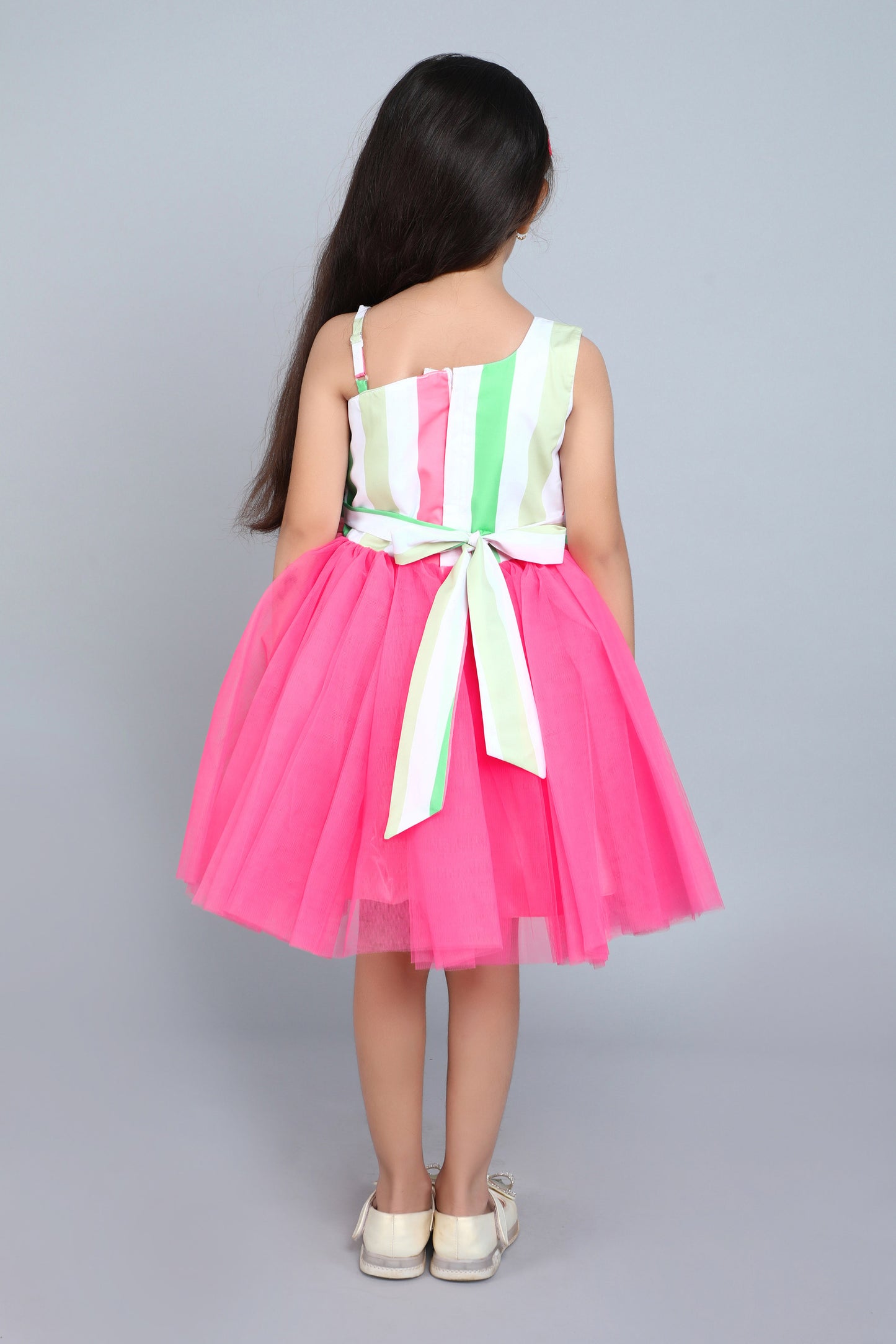 One Shoulder Stripes Bow Dress-Coral