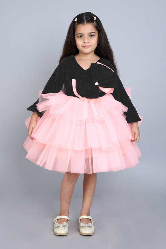 PinkChick Black Velvet and Peach Layered Dress