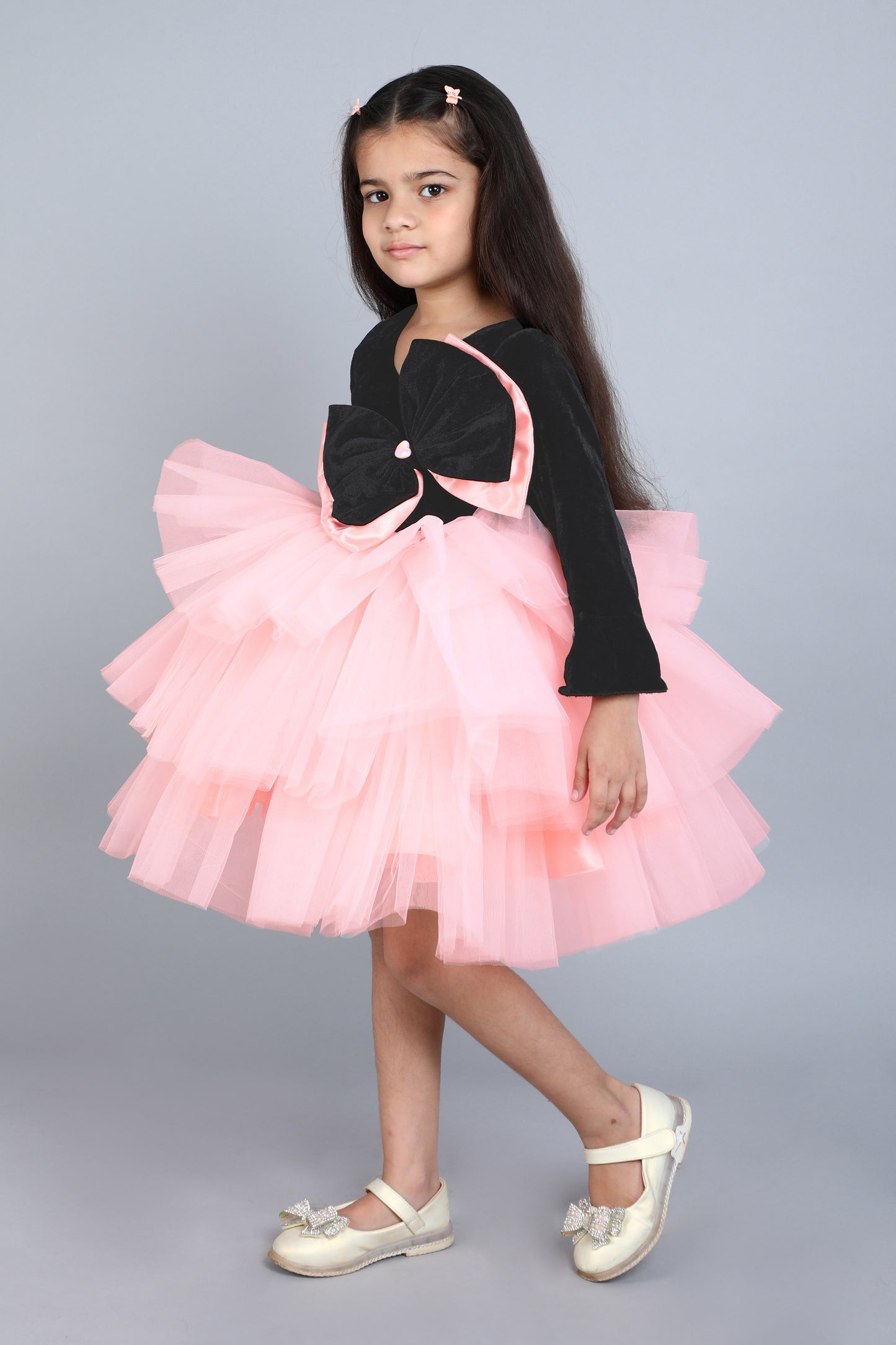 PinkChick Black Velvet and Peach Layered Dress