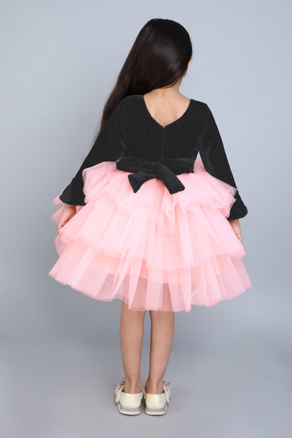 PinkChick Black Velvet and Peach Layered Dress