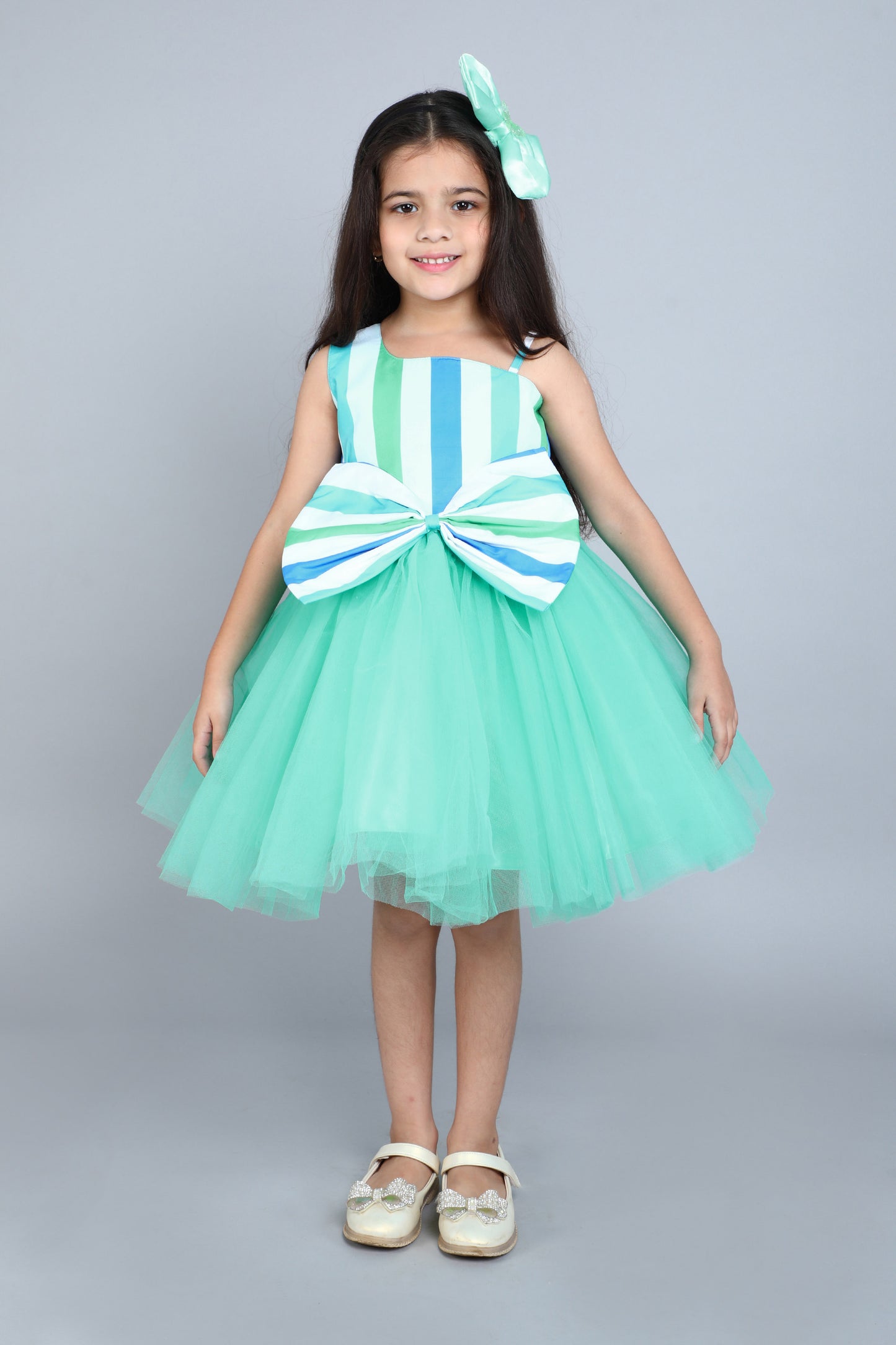 One Shoulder Stripes Bow Dress- Aqua