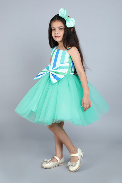 One Shoulder Stripes Bow Dress- Aqua