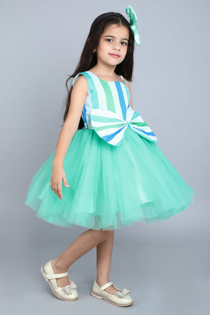 One Shoulder Stripes Bow Dress- Aqua