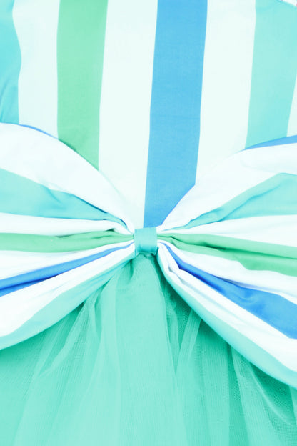 One Shoulder Stripes Bow Dress- Aqua