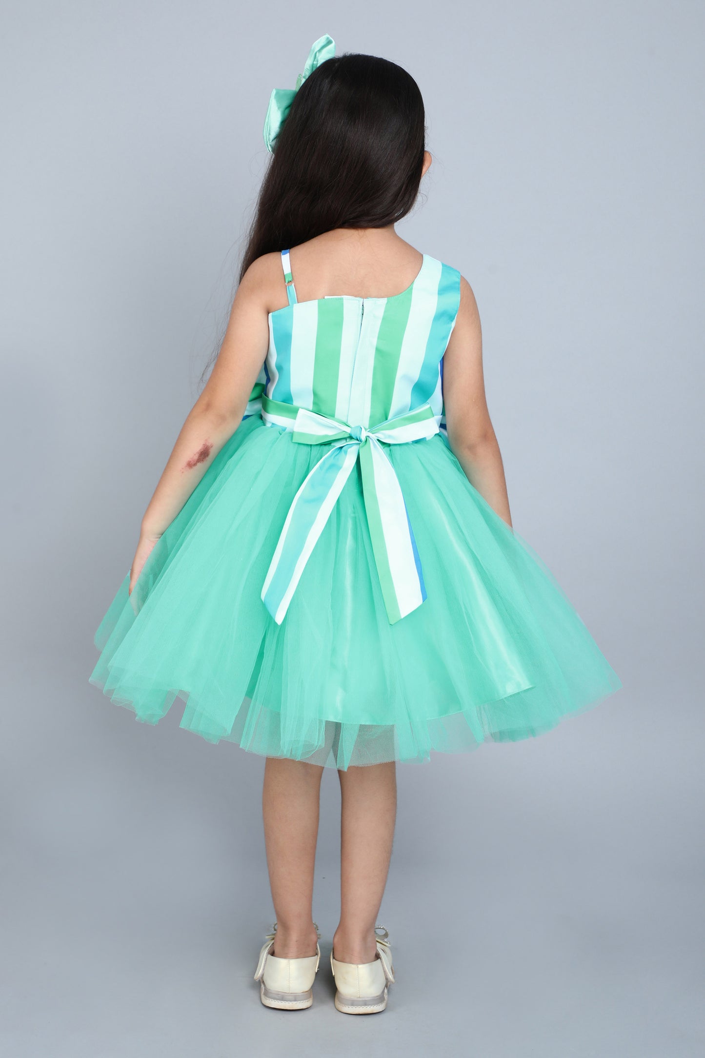 One Shoulder Stripes Bow Dress- Aqua