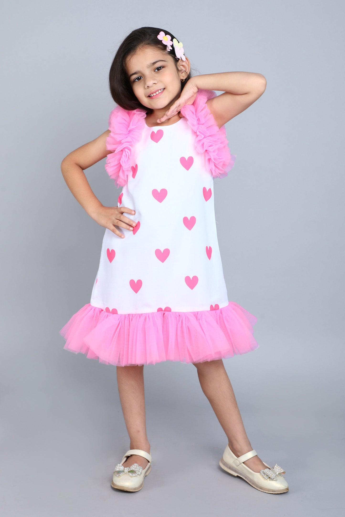 Heart Printed A Line Cotton Dress -Pink