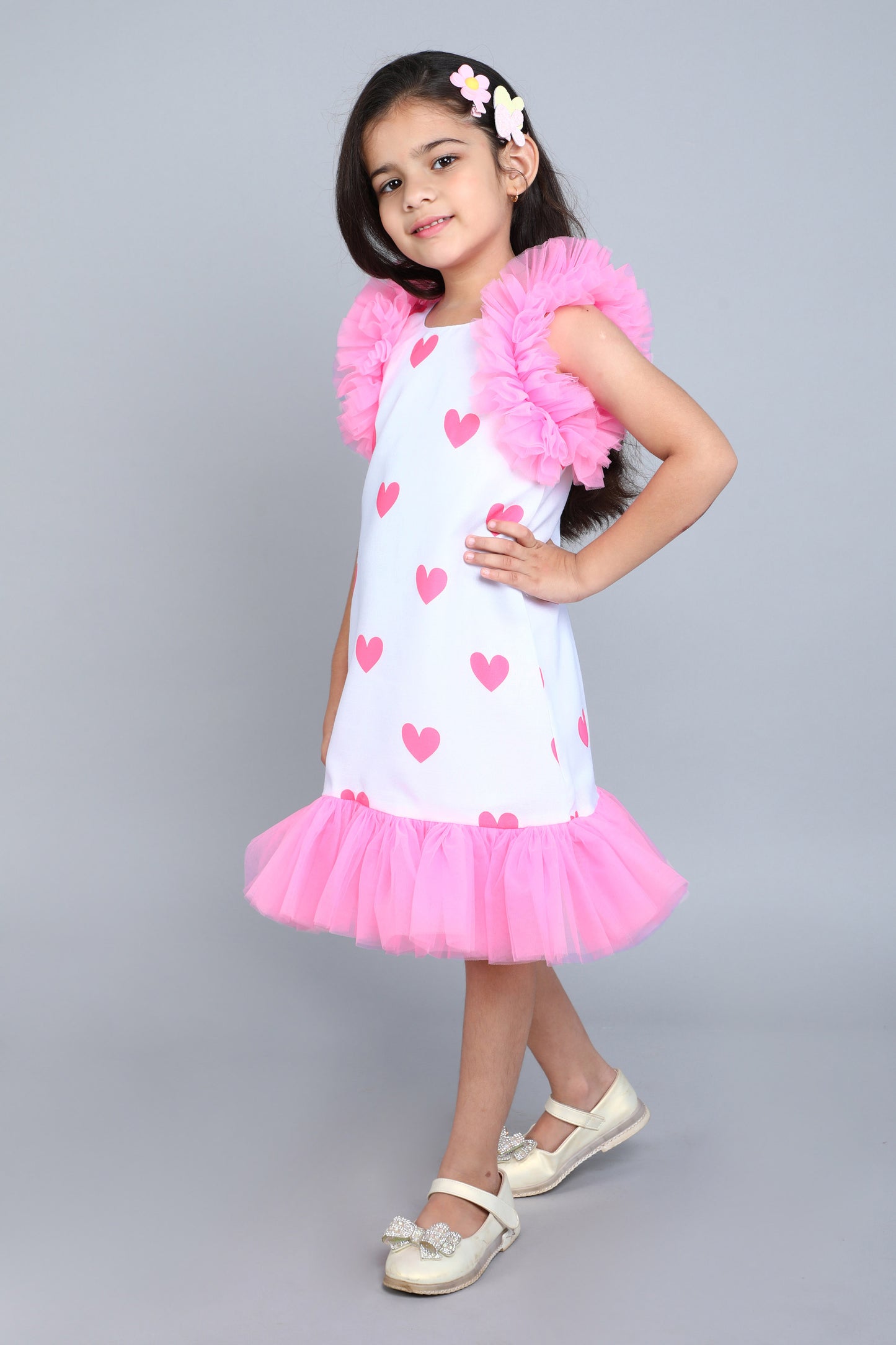 Heart Printed A Line Cotton Dress -Pink