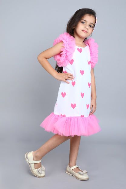 Heart Printed A Line Cotton Dress -Pink