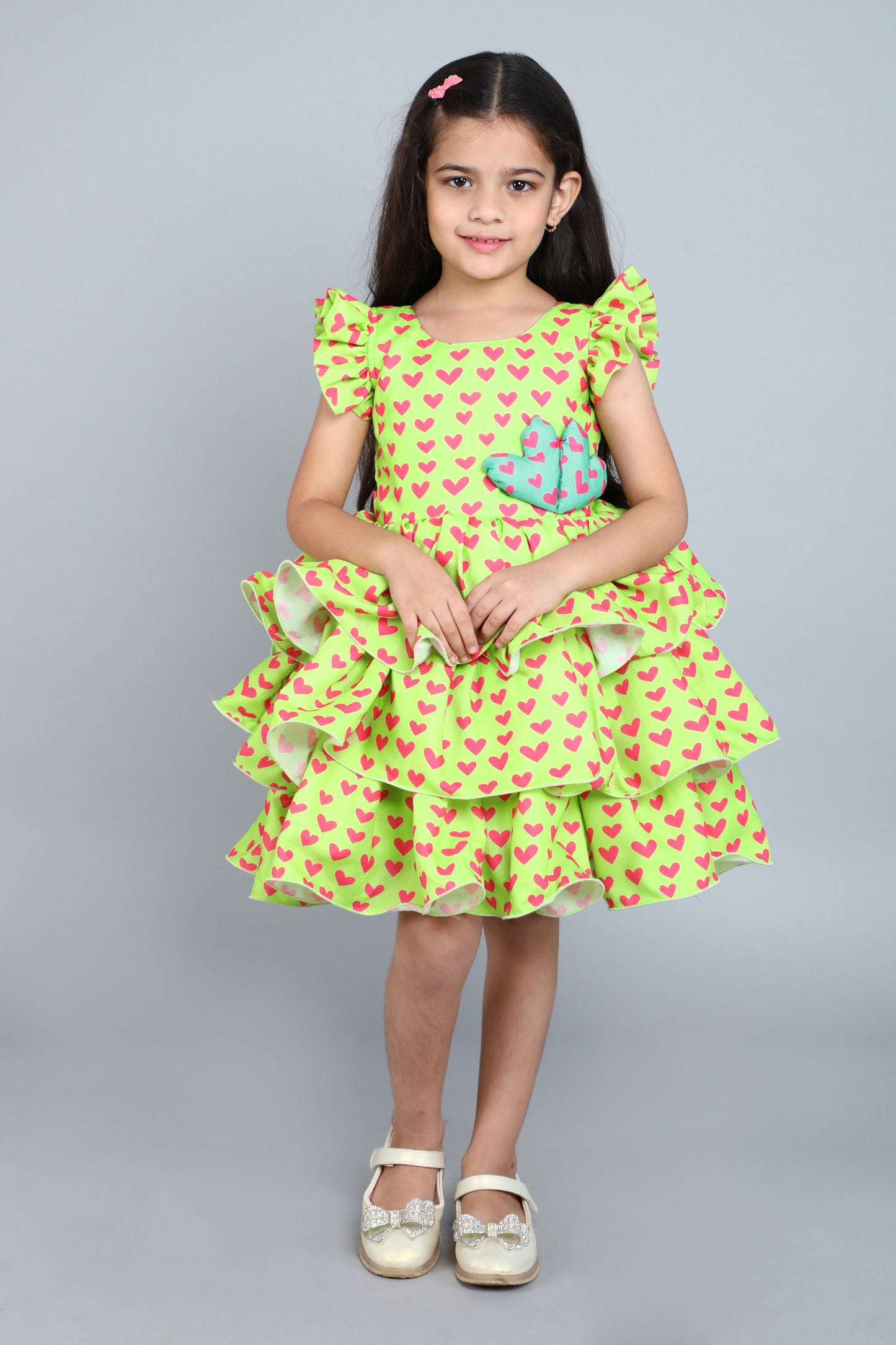 Heart Layered Cotton Dress -Lime Green