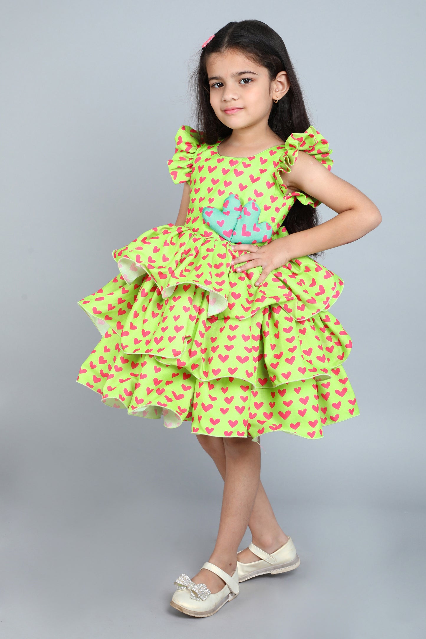 Heart Layered Cotton Dress -Lime Green