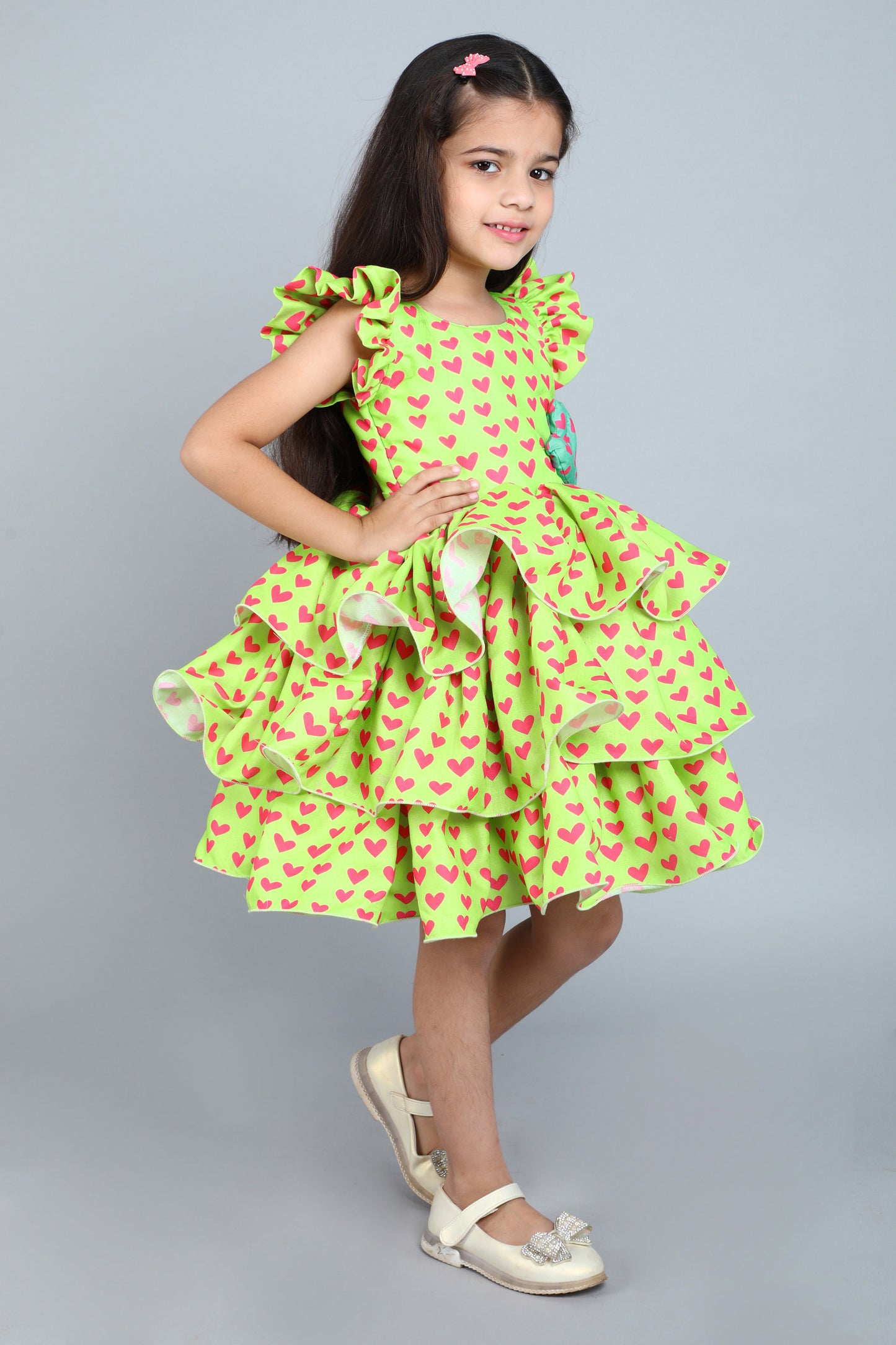 Heart Layered Cotton Dress -Lime Green