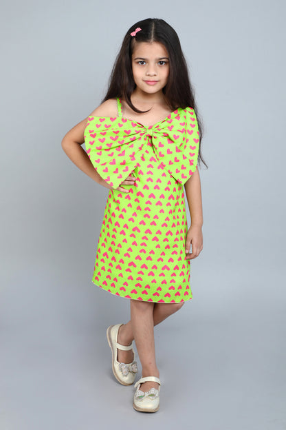 Heart Printed A Line Cotton Bow Dress -Lime Green