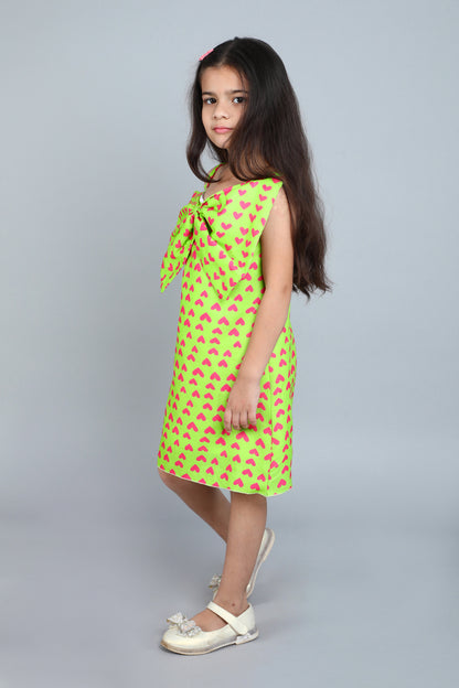 Heart Printed A Line Cotton Bow Dress -Lime Green