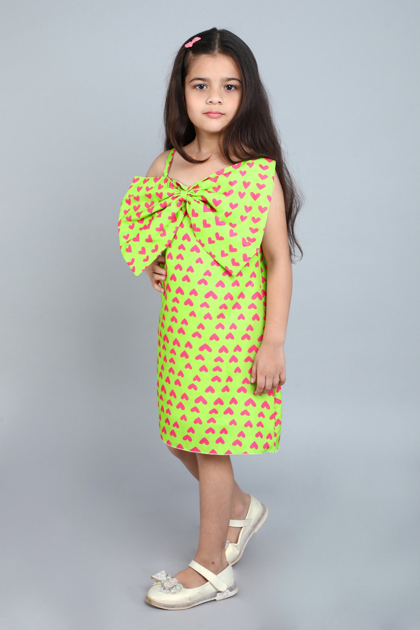 Heart Printed A Line Cotton Bow Dress -Lime Green