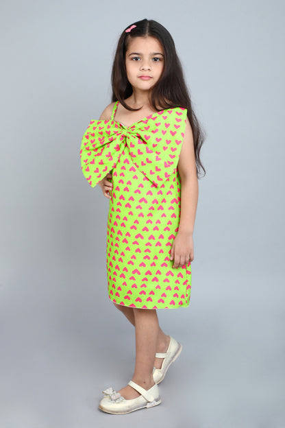 Heart Printed A Line Cotton Bow Dress -Lime Green