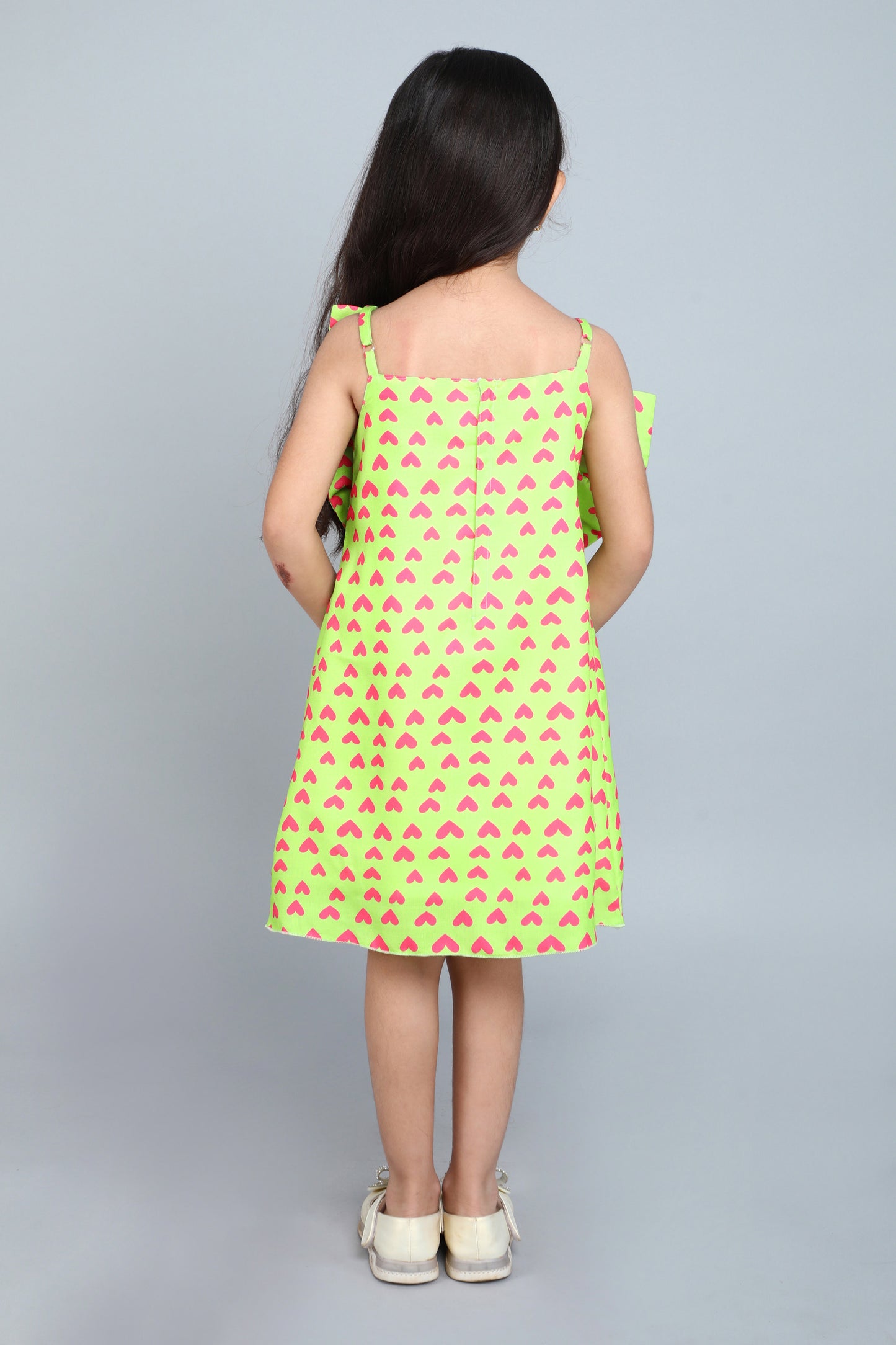 Heart Printed A Line Cotton Bow Dress -Lime Green