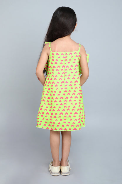 Heart Printed A Line Cotton Bow Dress -Lime Green