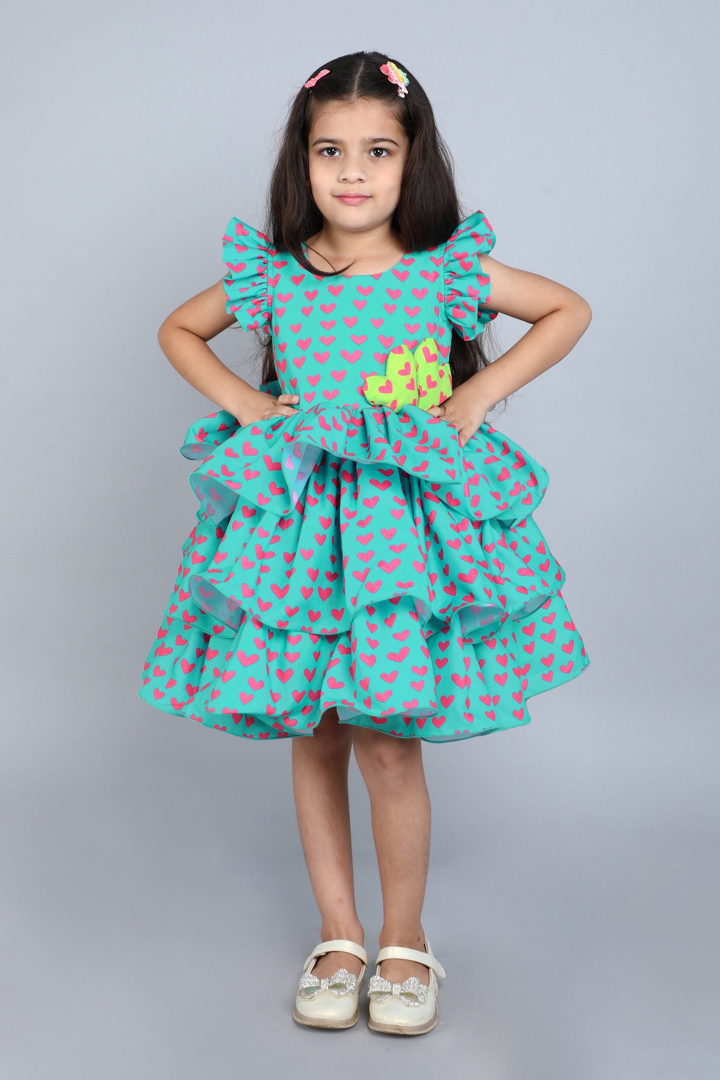 Heart Layered Cotton Dress -Teal