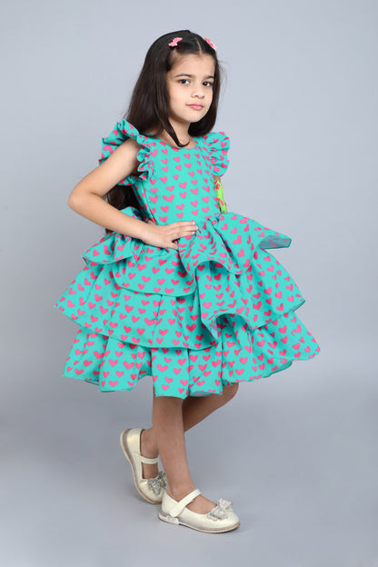 Heart Layered Cotton Dress -Teal