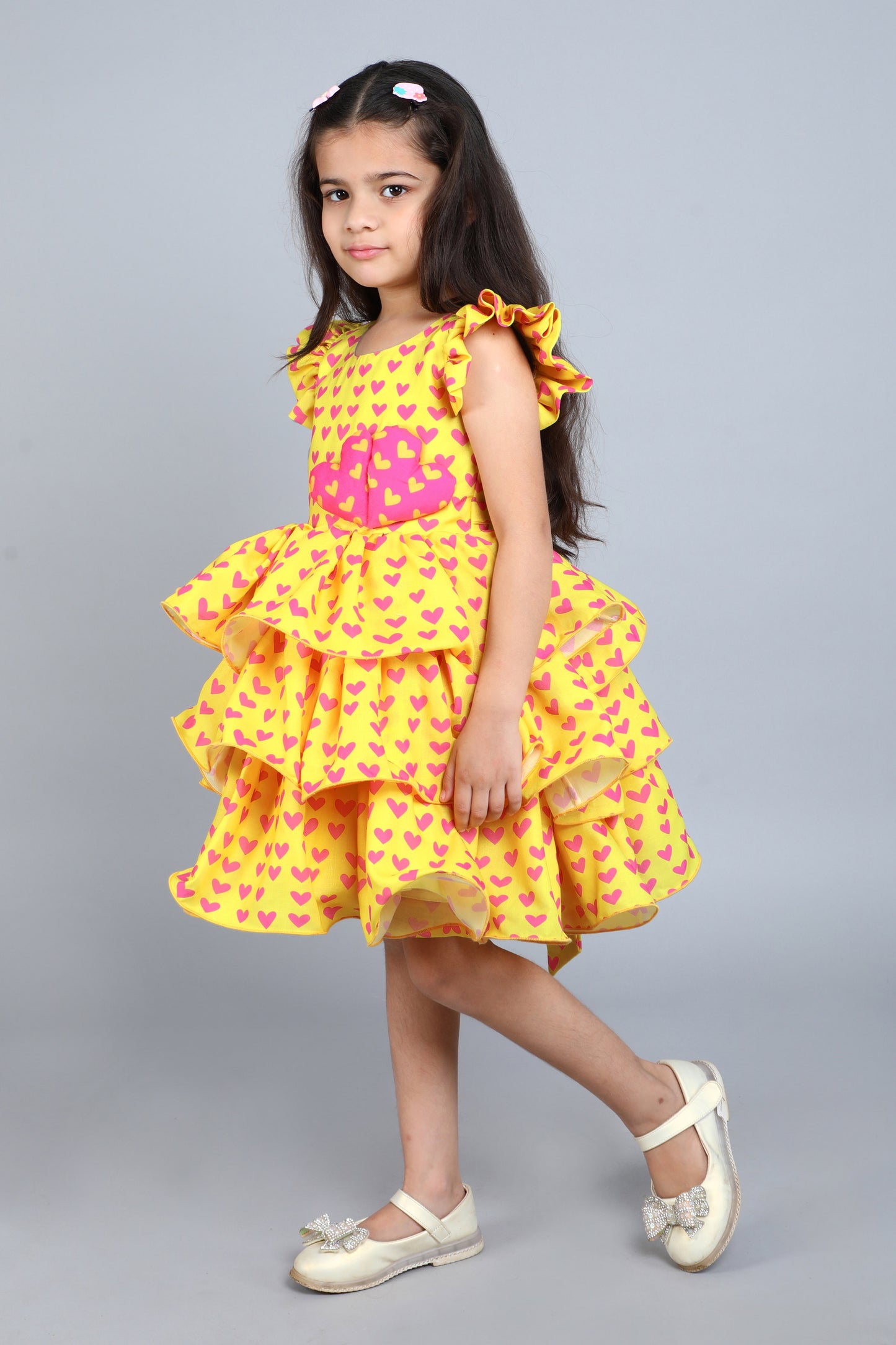 Heart Layered Cotton Dress -Yellow