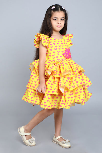 Heart Layered Cotton Dress -Yellow