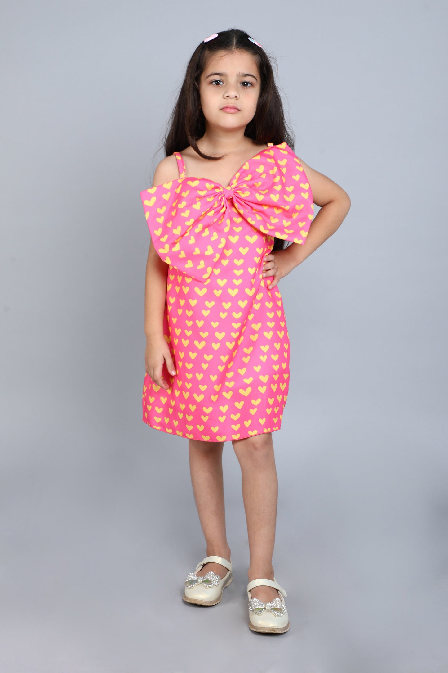 Heart Printed A Line Cotton Bow Dress -Pink